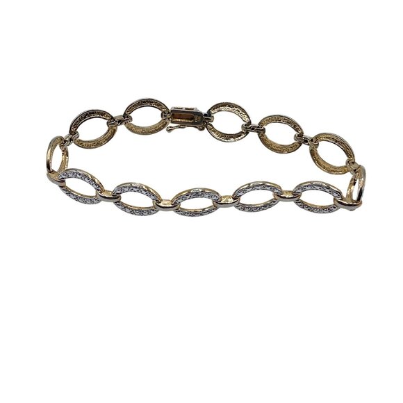 925 Gold Plated Oval Link Bracelet With Rhinestone Accents & Secure Clasp - Picture 1 of 8
